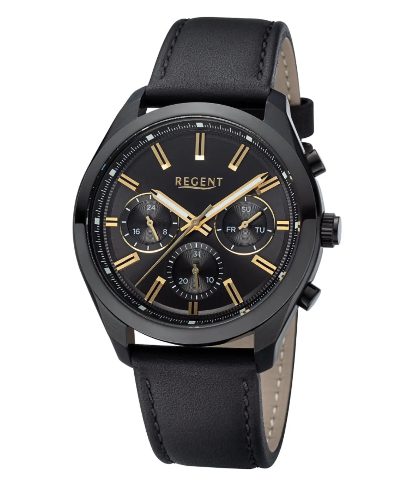 rundes schwazes gehäuse schwarzes zifferblatt chronograph
