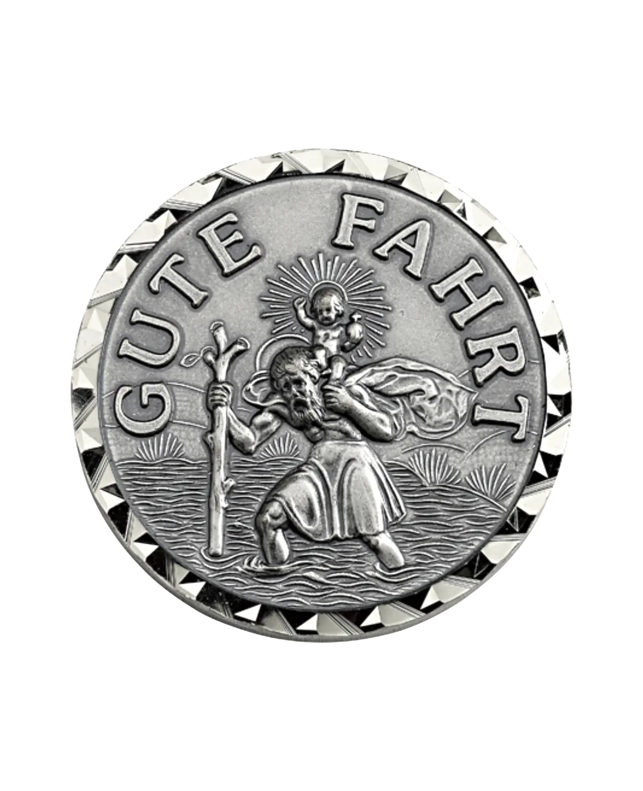 heiliger christophorus rund mit diamantieren rand und gute fahrt