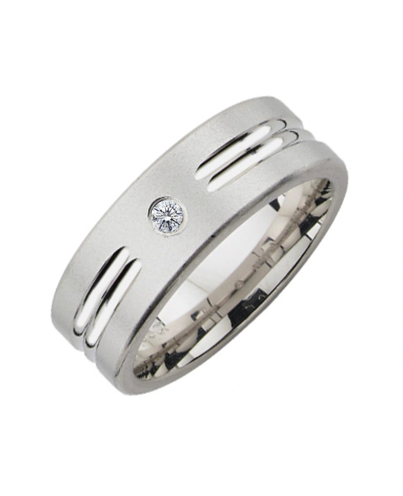 Kantiger Ring mit Brillant in der Mitte rechts und links davon 2 Rillen