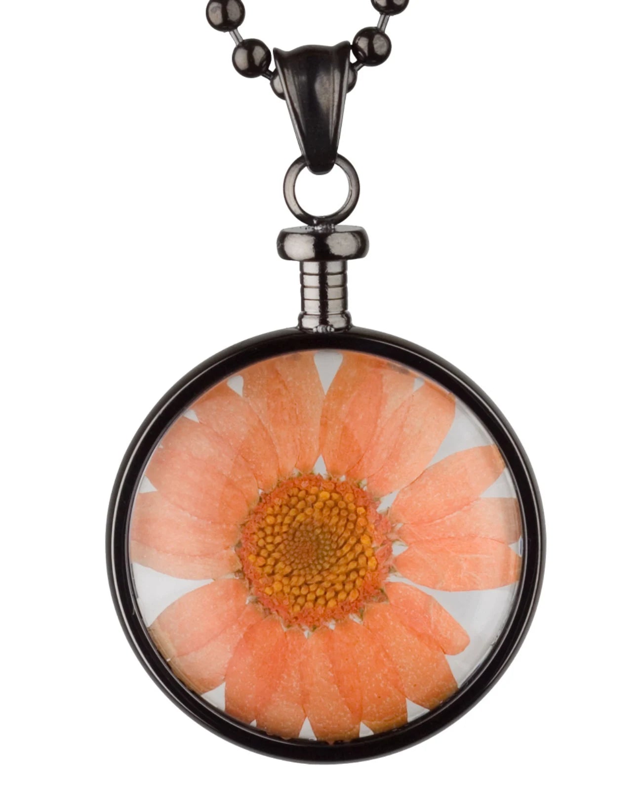 dunkelgrauer anhänger mit orangener blume hinter glas