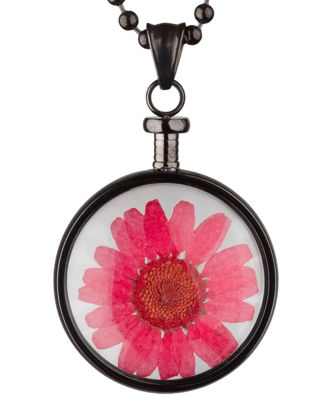 dunkelgrauer anhänger mit roter blume hinter glas