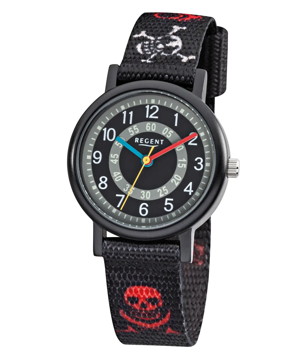schwarzes zifferblatt arabische zahlen totenkopf am textilarmband