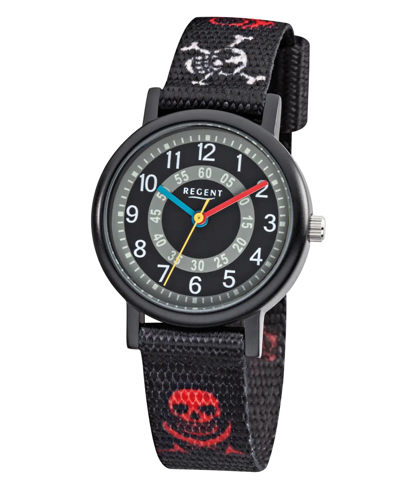 schwarzes zifferblatt arabische zahlen totenkopf am textilarmband