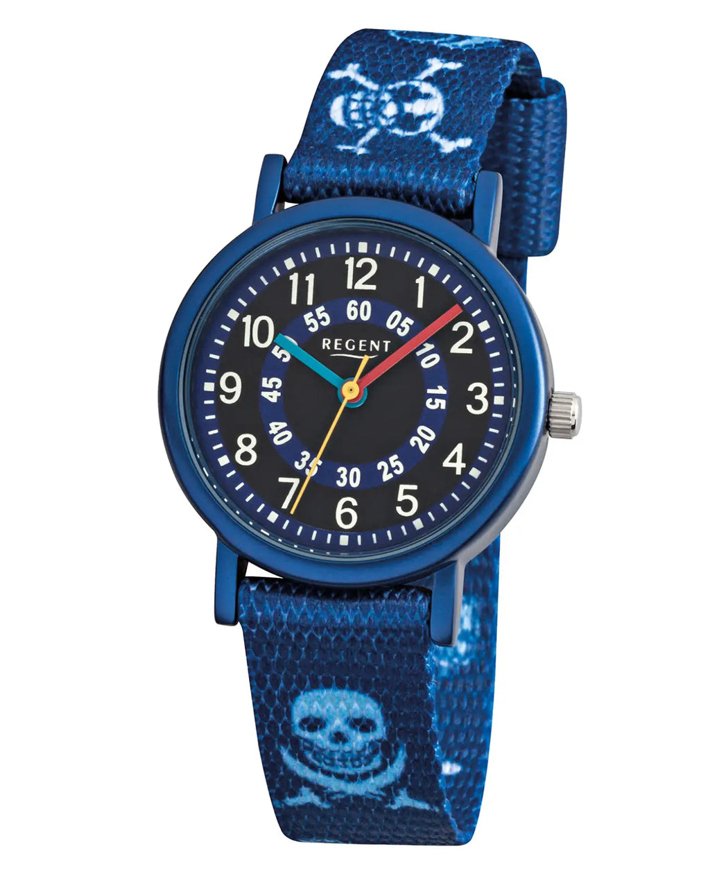 dunkelblaues zifferblatt arabische zahlen totenkopf am textilarmband