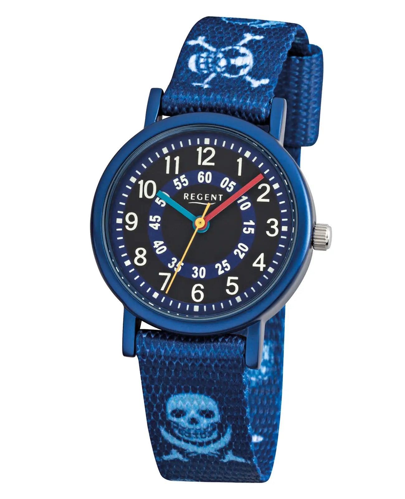 dunkelblaues zifferblatt arabische zahlen totenkopf am textilarmband