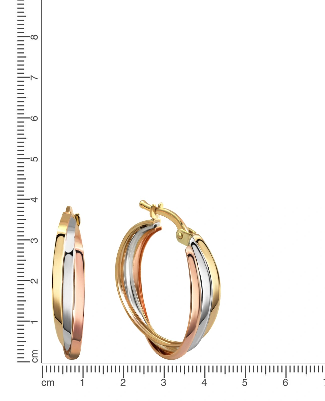3 reihige gedrehte creolen in gold weißgold und rosé mit Klappbügel