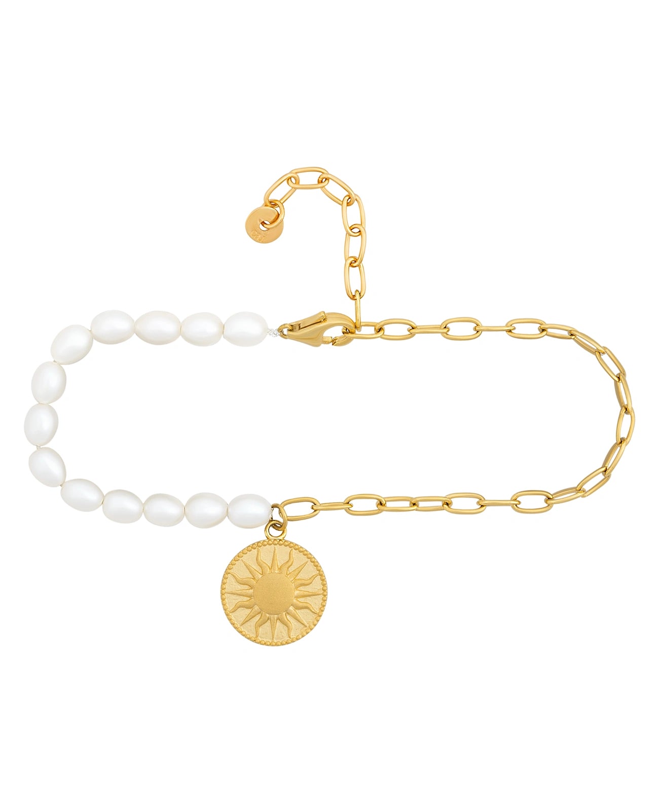 armband hälfte süßwsserzuchtperlen ander hälfte goldfarbene ankerkette anhänger sonne
