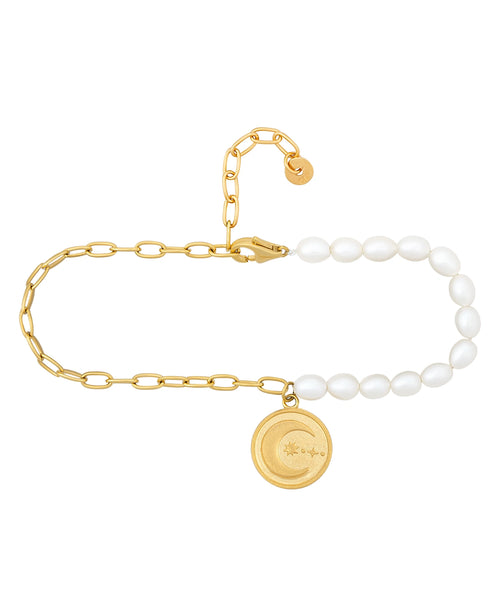 armband hälfte süßwsserzuchtperlen ander hälfte goldfarbene ankerkette anhänger sonne