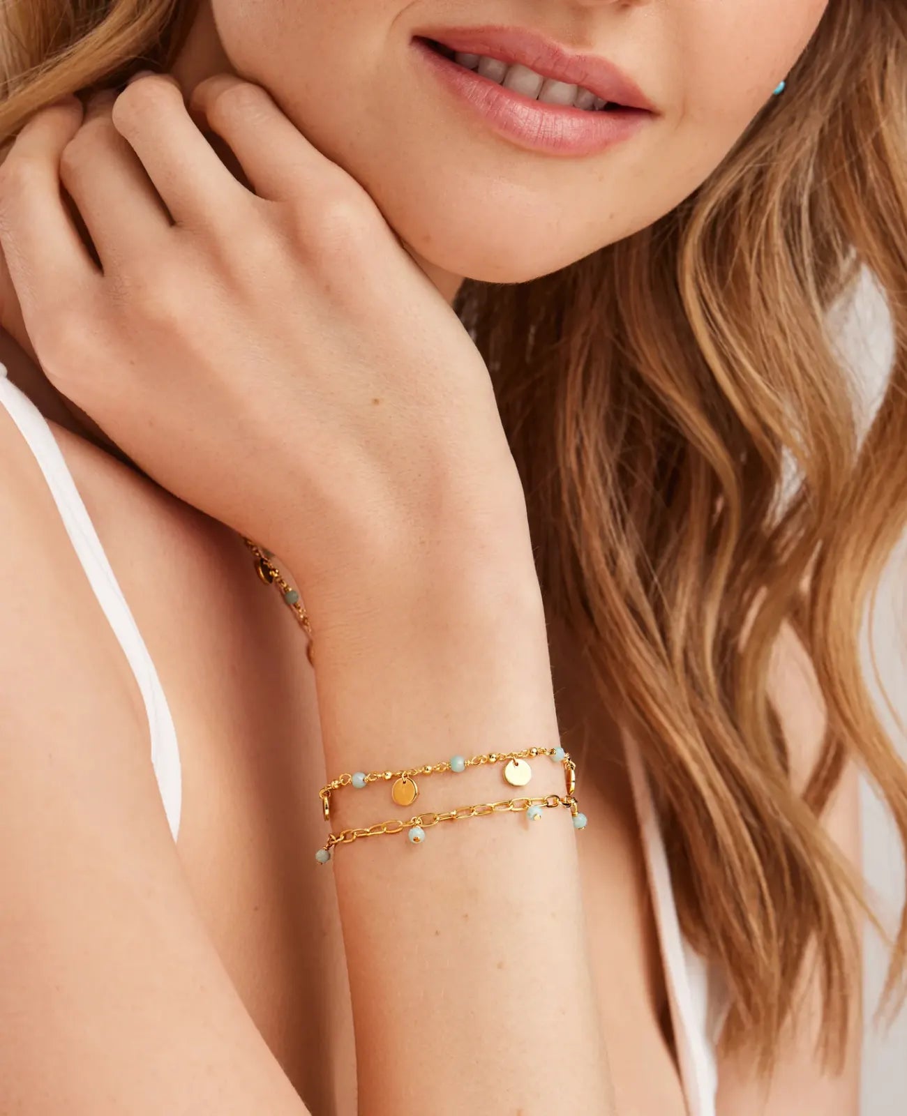 anker armband mit 5 runden plaettchen und 4 amazonitperlen