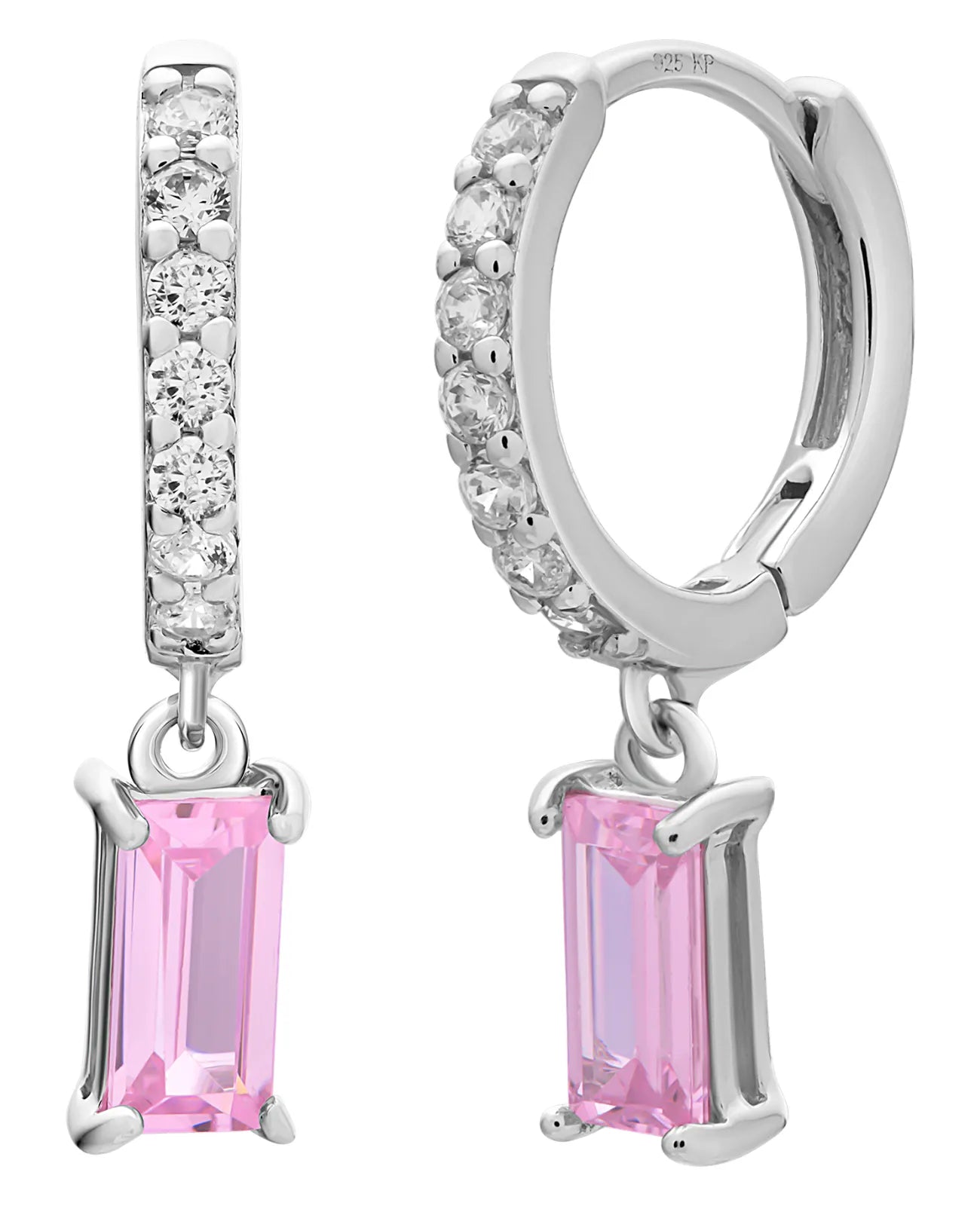 creolen mit 7 zirkonia darunter hängend 1 rechteckiger rosa zirkonia