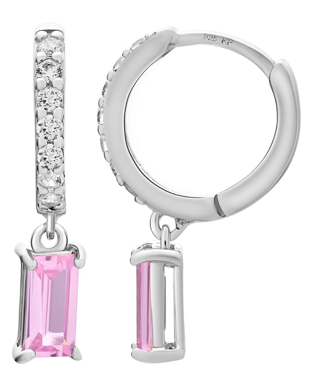 creolen mit 7 zirkonia darunter hängend 1 rechteckiger rosa zirkonia