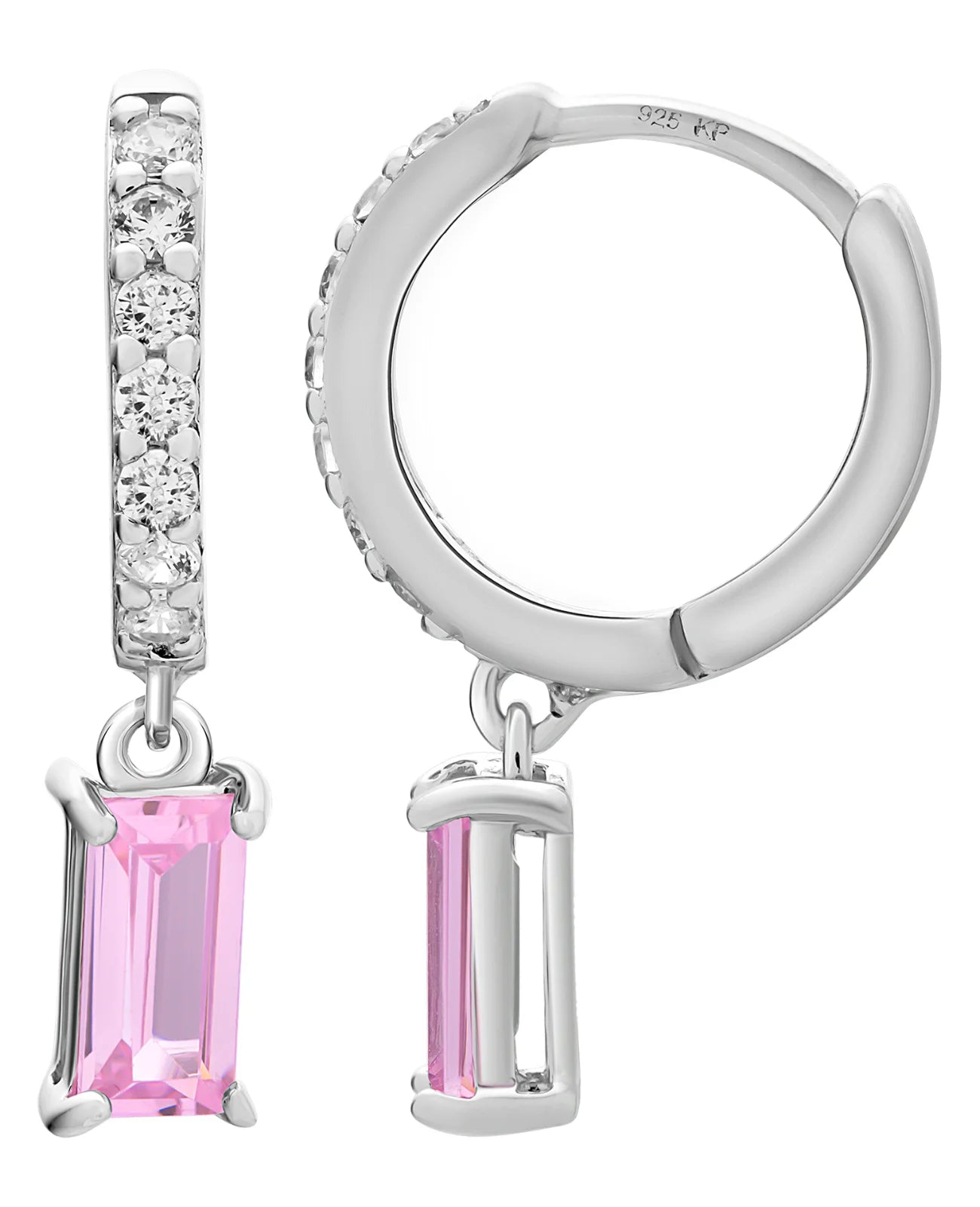 creolen mit 7 zirkonia darunter hängend 1 rechteckiger rosa zirkonia