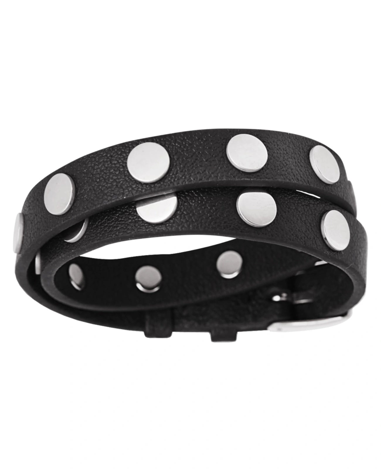 Schwarzes leder Wickelarmband mit großen nieten und dornschließe