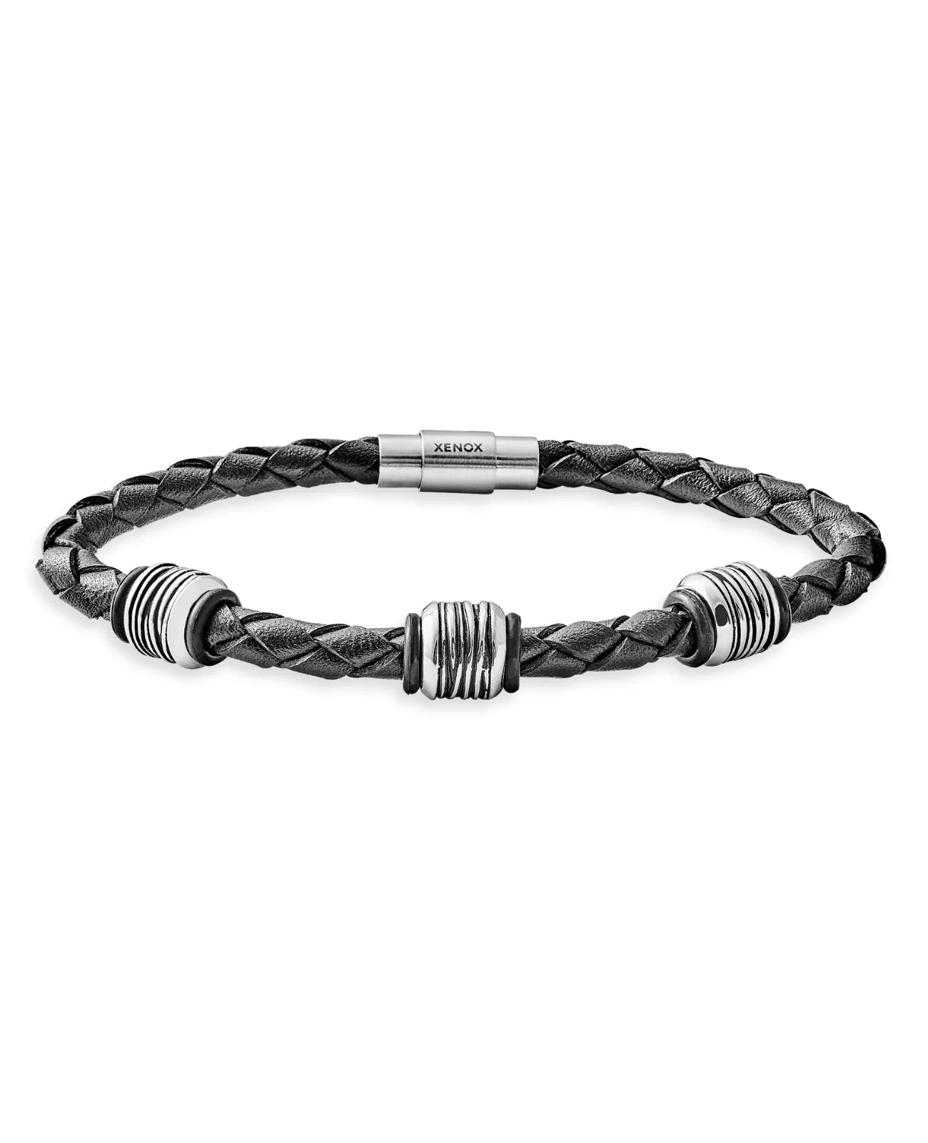 geflochtenes rundes lederarmband mit 3 versetzten Edelstahlelementen