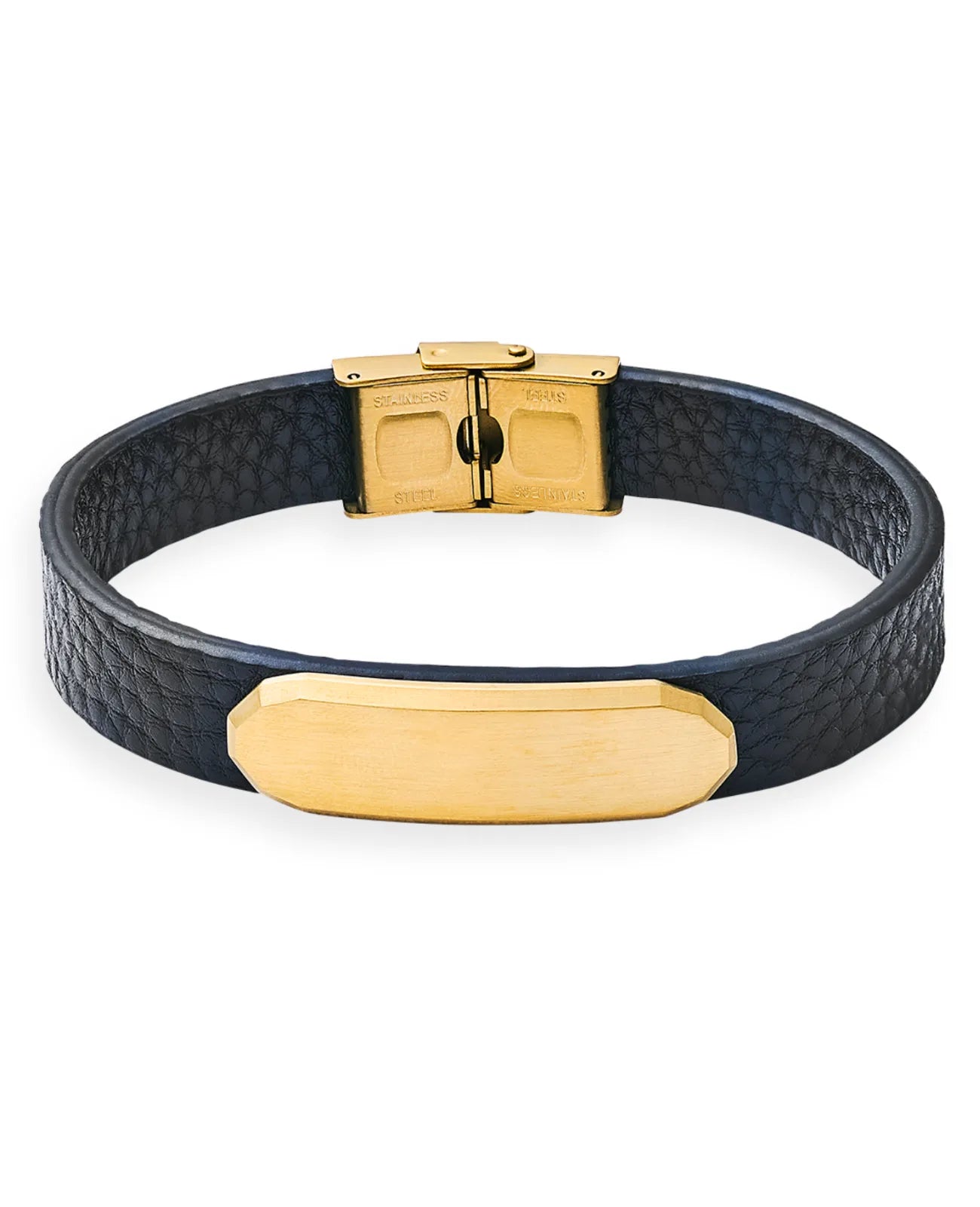 lederarmband schwarz mit aufgesetzter goldenen gravurplatte