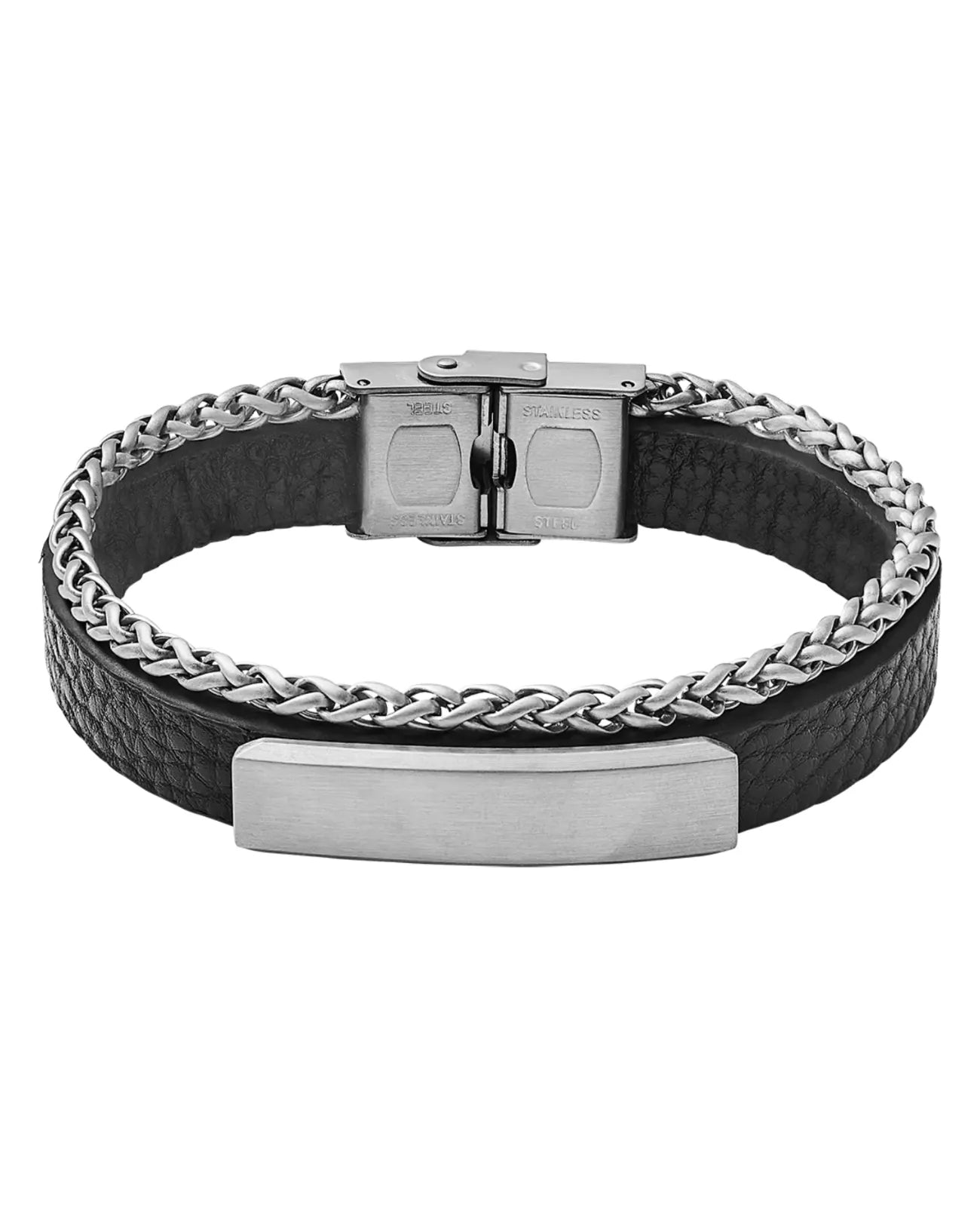 lederarmband und kette mit aufgesetzter gravurplatte