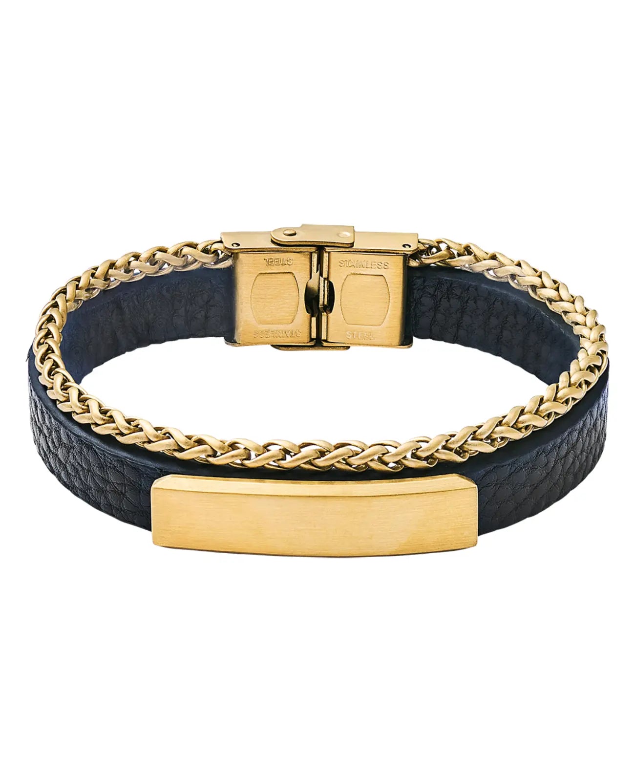 lederarmband und kette mit aufgesetzter gravurplatte